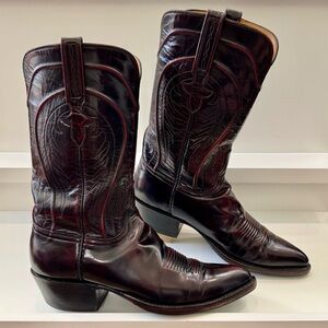 Lucchese Black Cherry Goat Cowboy Boots Bullhead Inlay Red Piping Mens Sz 8 B